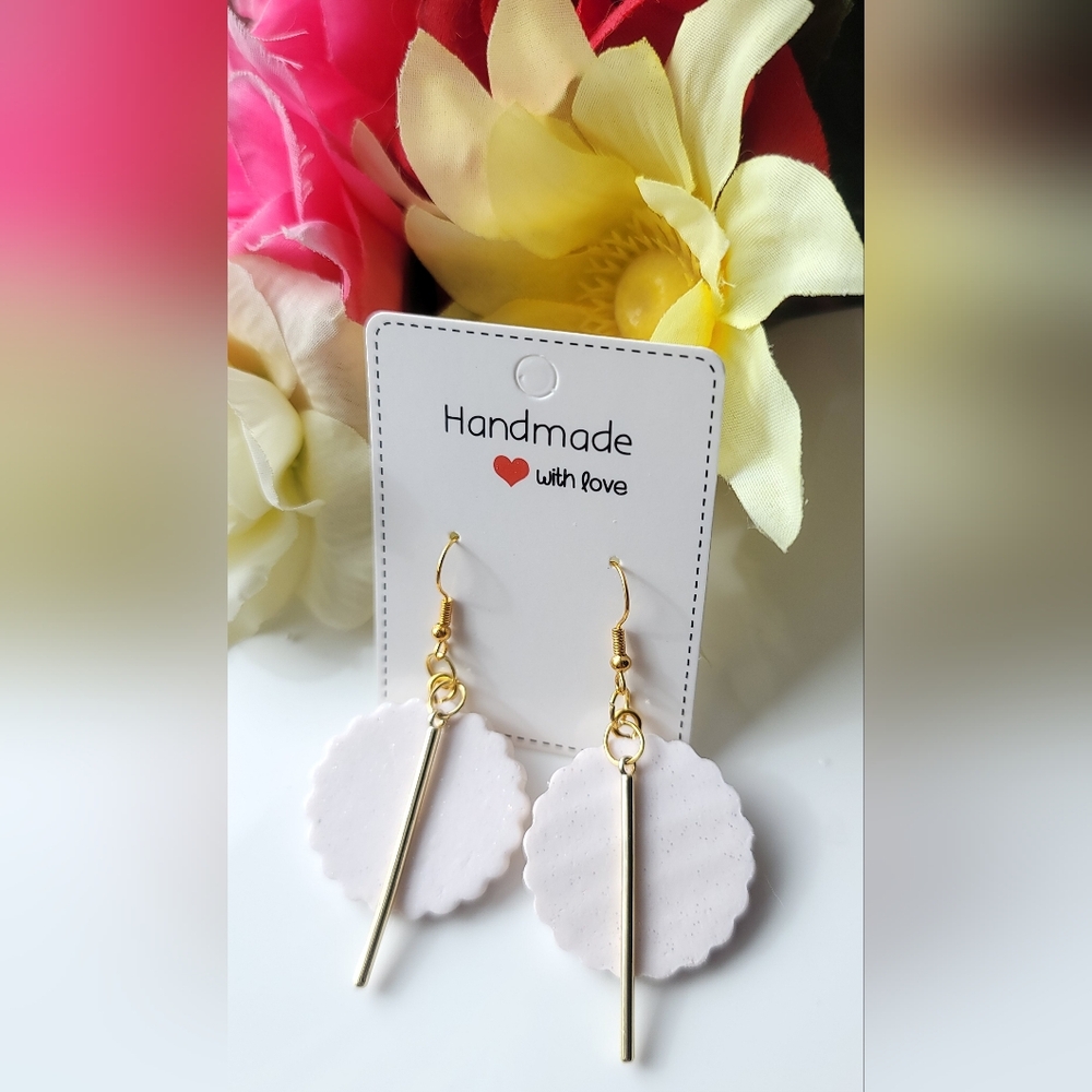 White and Gold Scalloped Disc Earrings with Crystal Accents